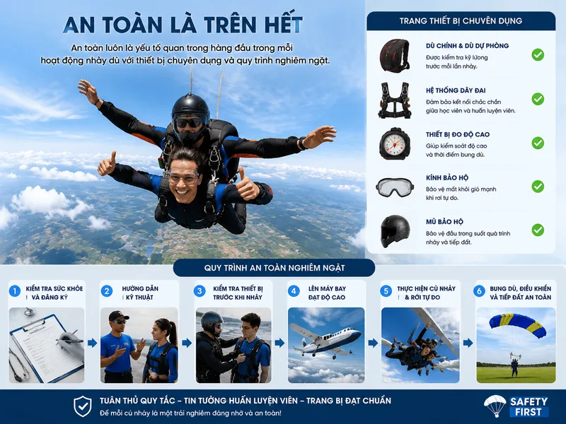 An toàn luôn là yếu tố quan trọng hàng đầu trong mỗi hoạt động nhảy dù với thiết bị chuyên dụng và quy trình nghiêm ngặt.